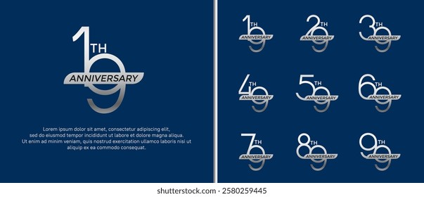 set of anniversary logo silver color and ribbon on blue background for celebration moment