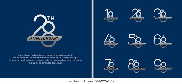 set of anniversary logo silver color and ribbon on blue background for celebration moment