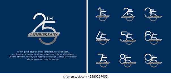 set of anniversary logo silver color and ribbon on blue background for celebration moment