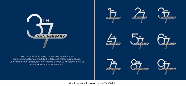 set of anniversary logo silver color and ribbon on blue background for celebration moment