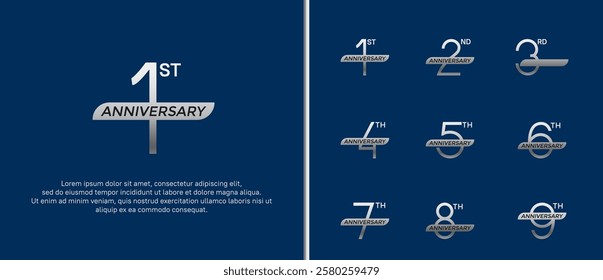 set of anniversary logo silver color and ribbon on blue background for celebration moment