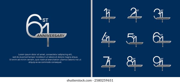 set of anniversary logo silver color and ribbon on blue background for celebration moment