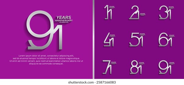 set of anniversary logo silver color on purple background for celebration moment