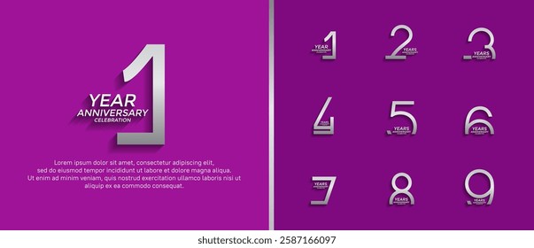 set of anniversary logo silver color on purple background for celebration moment