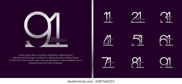 set of anniversary logo silver color on dark purple background for celebration moment