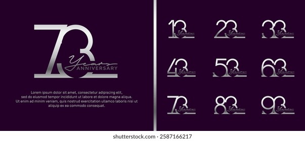 set of anniversary logo silver color on dark purple background for celebration moment