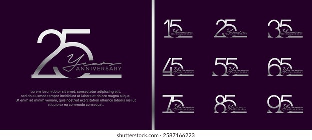 set of anniversary logo silver color on dark purple background for celebration moment