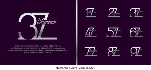 set of anniversary logo silver color on dark purple background for celebration moment