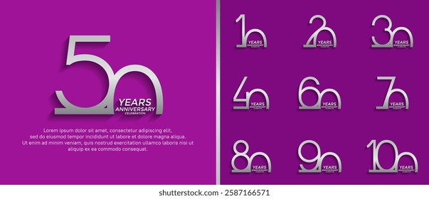 set of anniversary logo silver color on purple background for celebration moment