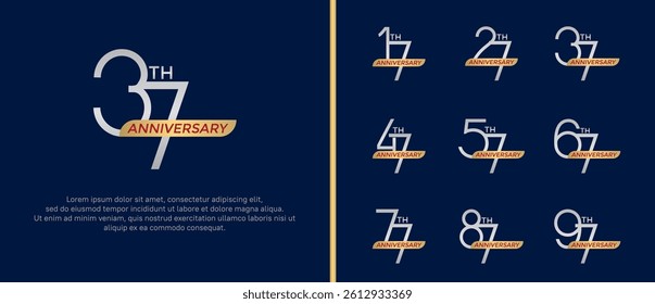 set of anniversary logo silver color and gold ribbon on blue background for celebration moment