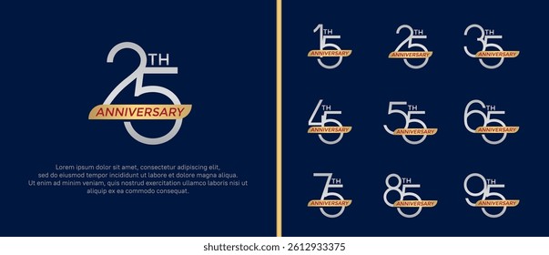 set of anniversary logo silver color and gold ribbon on blue background for celebration moment