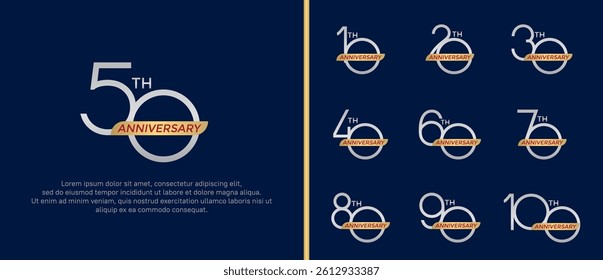 set of anniversary logo silver color and gold ribbon on blue background for celebration moment