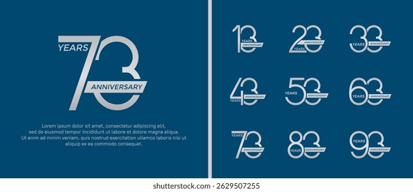set of anniversary logo silver color and ribbon on blue background for celebration moment