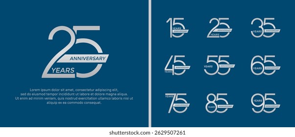 set of anniversary logo silver color and ribbon on blue background for celebration moment