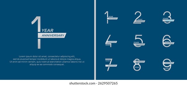 set of anniversary logo silver color and ribbon on blue background for celebration moment