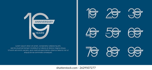 set of anniversary logo silver color and ribbon on blue background for celebration moment