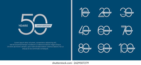 set of anniversary logo silver color and ribbon on blue background for celebration moment