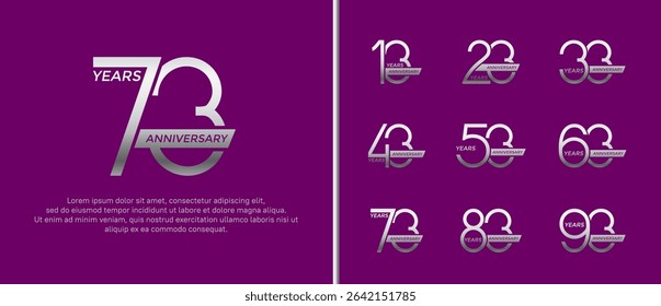 set of anniversary logo silver color and ribbon on purple background for celebration moment