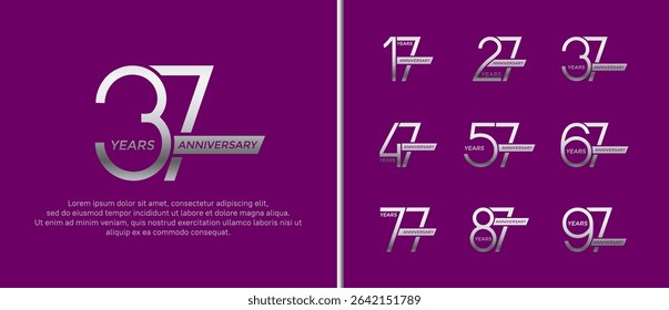 set of anniversary logo silver color and ribbon on purple background for celebration moment