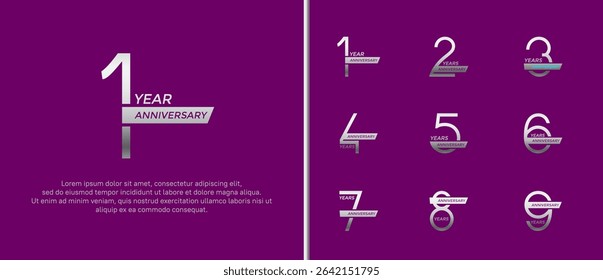 set of anniversary logo silver color and ribbon on purple background for celebration moment