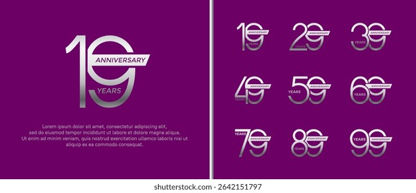 set of anniversary logo silver color and ribbon on purple background for celebration moment