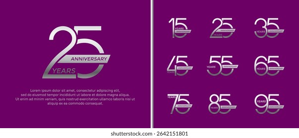 set of anniversary logo silver color and ribbon on purple background for celebration moment