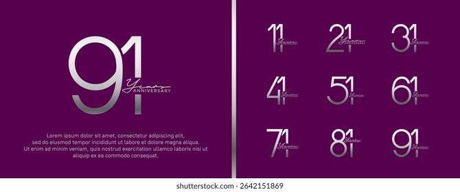 set of anniversary logo silver color on purple background for celebration moment