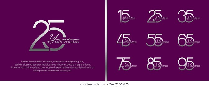 set of anniversary logo silver color on purple background for celebration moment