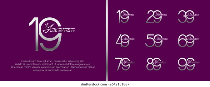 set of anniversary logo silver color on purple background for celebration moment