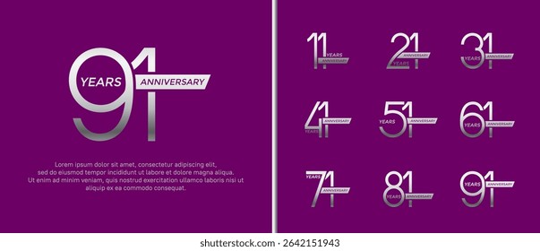set of anniversary logo silver color and ribbon on purple background for celebration moment