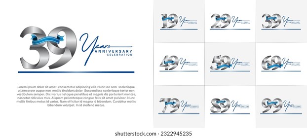 set of anniversary logo with silver number and blue ribbon, handwriting text can be use for celebration