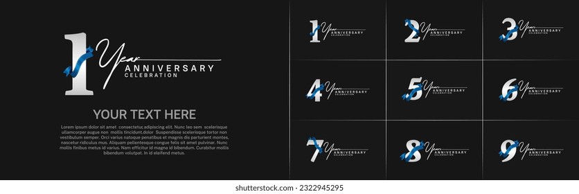 set of anniversary logo with silver number and blue ribbon can be use for celebration