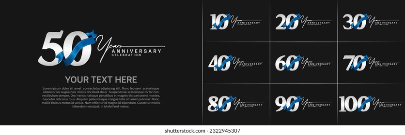 set of anniversary logo with silver number and blue ribbon can be use for celebration