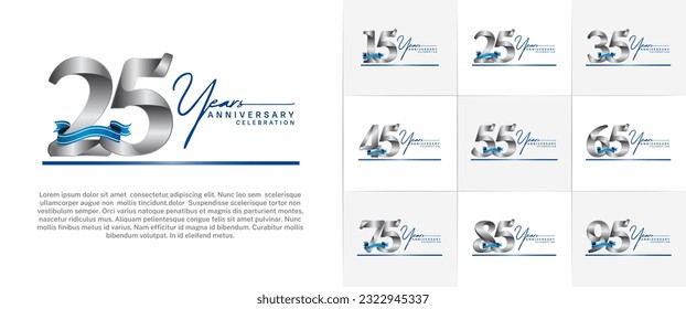 set of anniversary logo with silver number and blue ribbon, handwriting text can be use for celebration svg