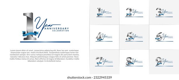 set of anniversary logo with silver number and blue ribbon, handwriting text can be use for celebration