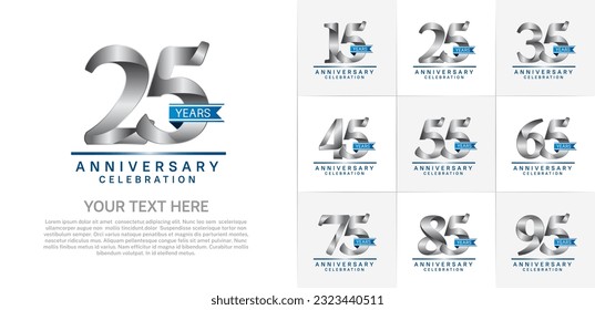 set of anniversary logo with silver number and blue ribbon can be use for celebration