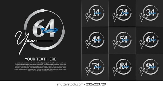 set of anniversary logo with silver number in circle and blue ribbon can be use for celebration