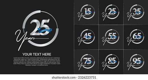 set of anniversary logo with silver number in circle and blue ribbon can be use for celebration