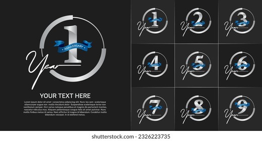 set of anniversary logo with silver number in circle and blue ribbon can be use for celebration