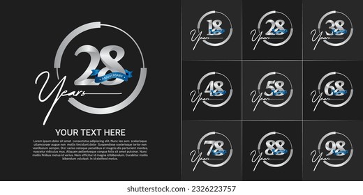set of anniversary logo with silver number in circle and blue ribbon can be use for celebration