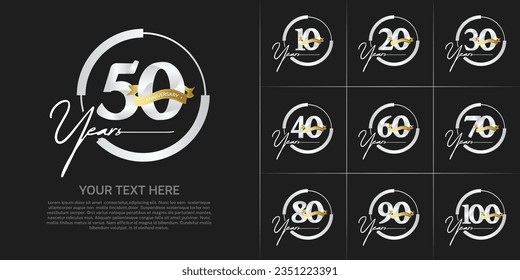 conjunto de logo de aniversario con número de plata en círculo y cinta dorada se puede usar para celebración