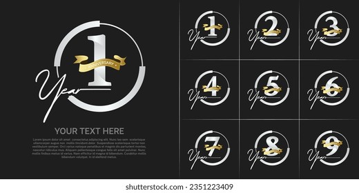 set of anniversary logo with silver number in circle and golden ribbon can be use for celebration