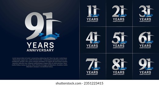 set of anniversary logo with silver number and blue ribbon can be use for celebration