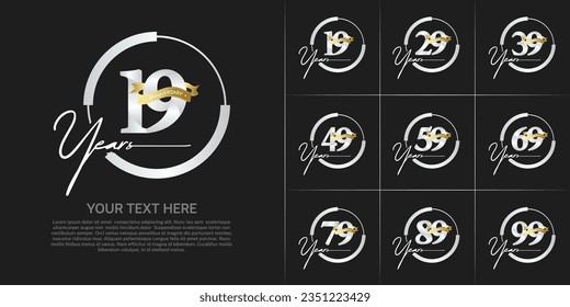 set of anniversary logo with silver number in circle and golden ribbon can be use for celebration