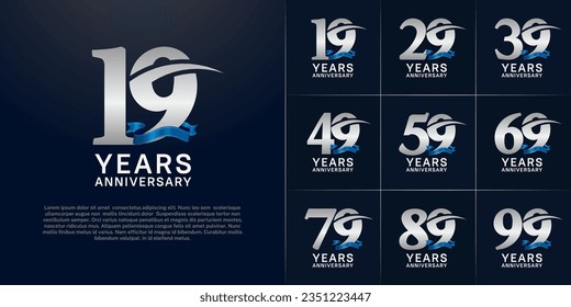 set of anniversary logo with silver number and blue ribbon can be use for celebration