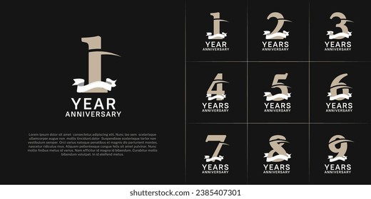 set of anniversary logo with soft brown color number, swoosh and white ribbon can be use for celebration