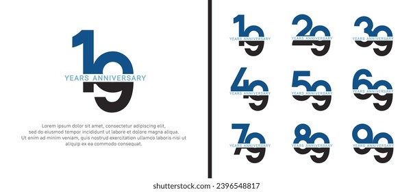 conjunto de estilos de logo de aniversario color negro y azul sobre fondo blanco para celebración
