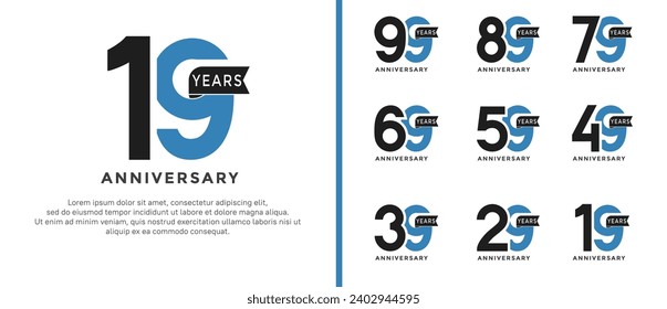 set of anniversary logo style black and blue color and ribbon for celebration