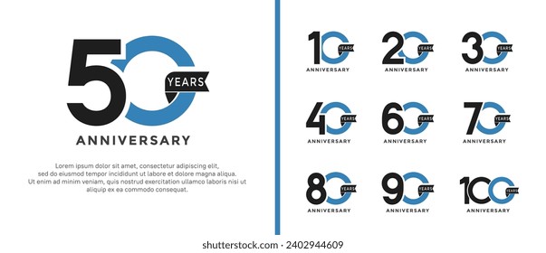 conjunto de estilos de logo de aniversario color negro y azul y cinta para la celebración