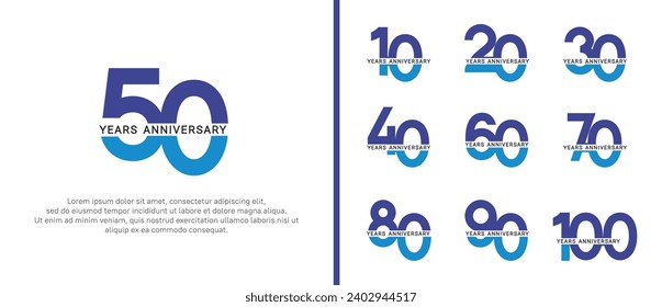 conjunto de estilos de logo de aniversario color azul sobre fondo blanco para celebración